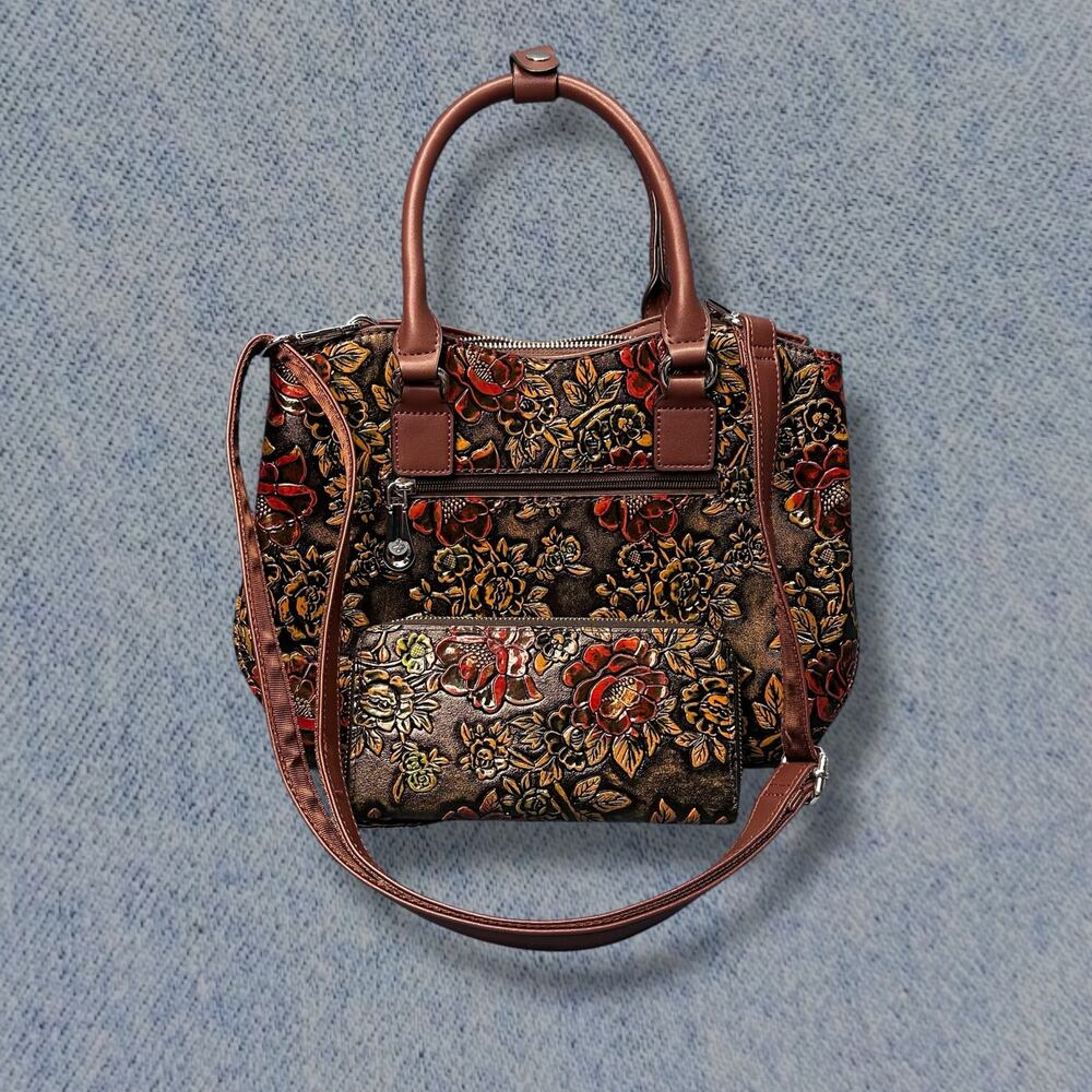 Siweiya Vintage Red Floral Embossed Handbag with Matching Wallet – Dual Handles - Picture 2 of 9